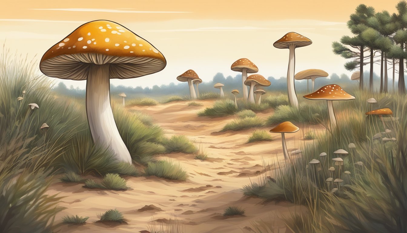 Mushrooms of various shapes and colors dot the sandy landscape of the Sandhills region, surrounded by tall grasses and scattered pine trees