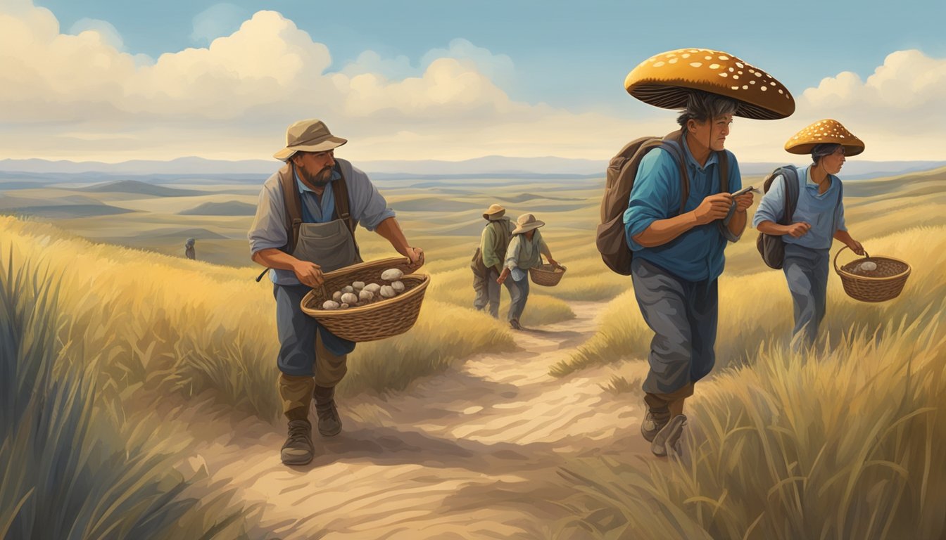 Mushroom hunters combing through sandhills, baskets in hand, searching for prime locations to find their elusive treasures