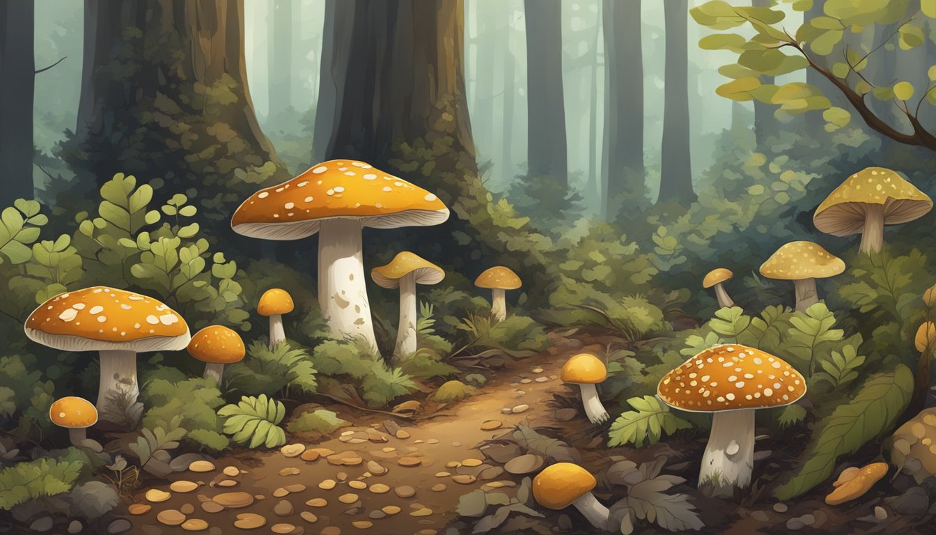 A dense forest floor with fallen leaves and damp soil, dotted with various types of mushrooms in the south central region