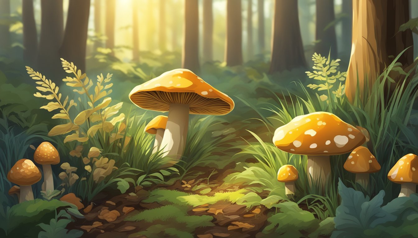 Sunlight filters through tall grass onto a forest floor. A variety of mushrooms, including morel and chanterelle, grow among fallen leaves and moss