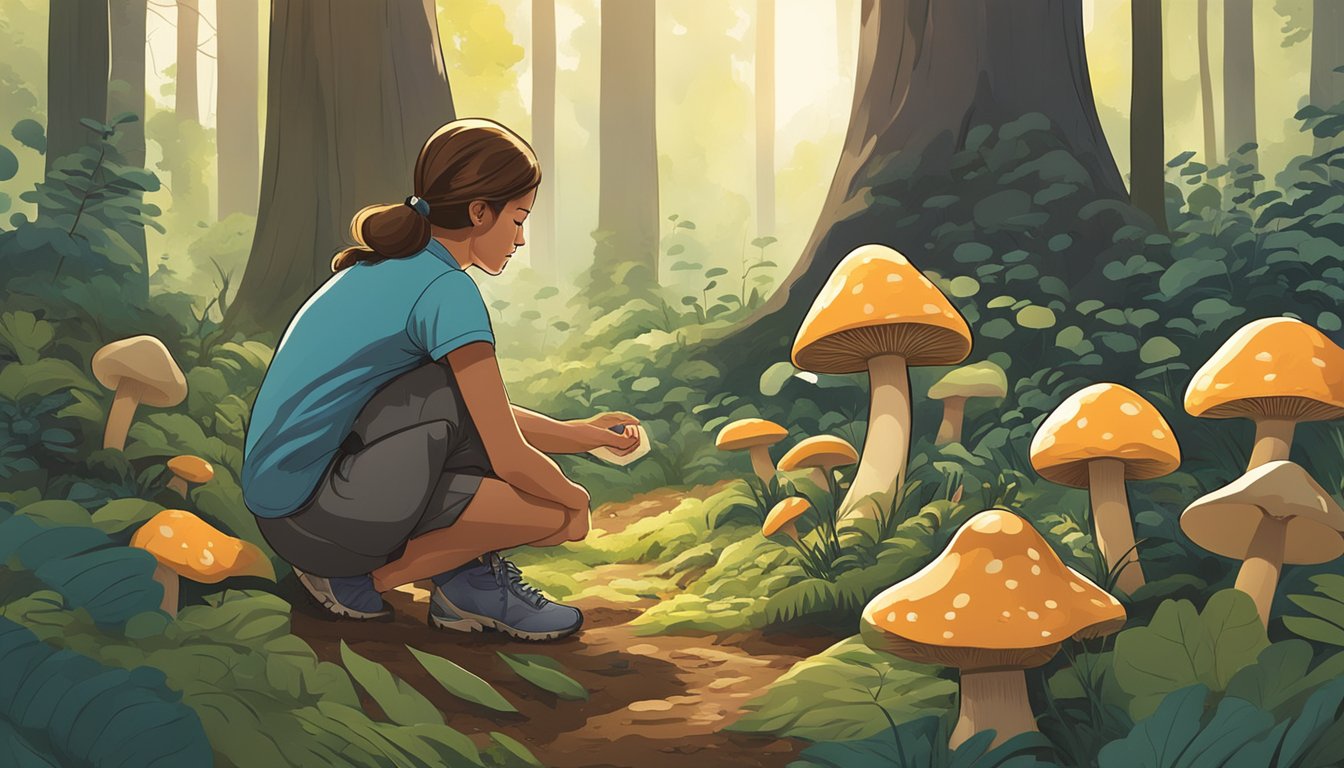 A person in a forest, crouching to examine various mushrooms growing on the ground. The surroundings are filled with trees and dappled sunlight