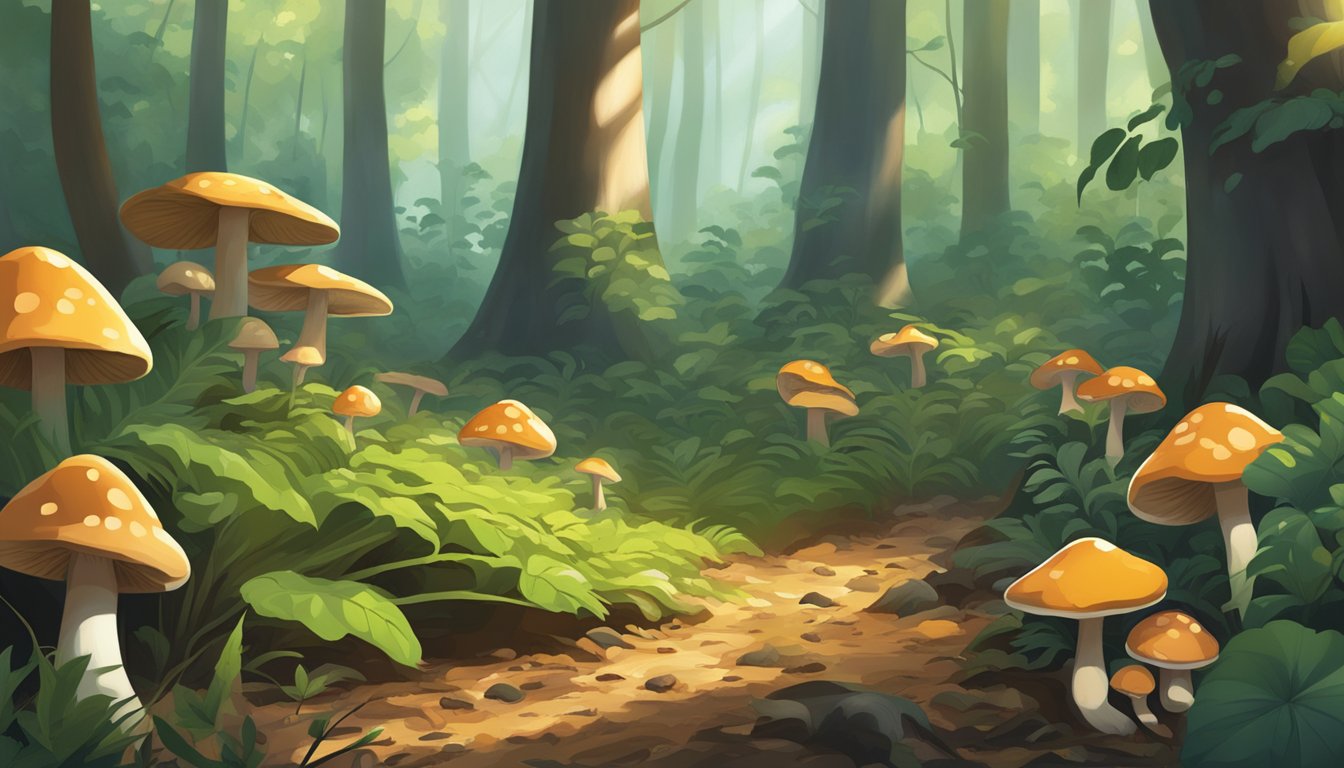 A lush forest floor in the Upper South region, with dappled sunlight filtering through the trees and various types of mushrooms sprouting from the leaf litter