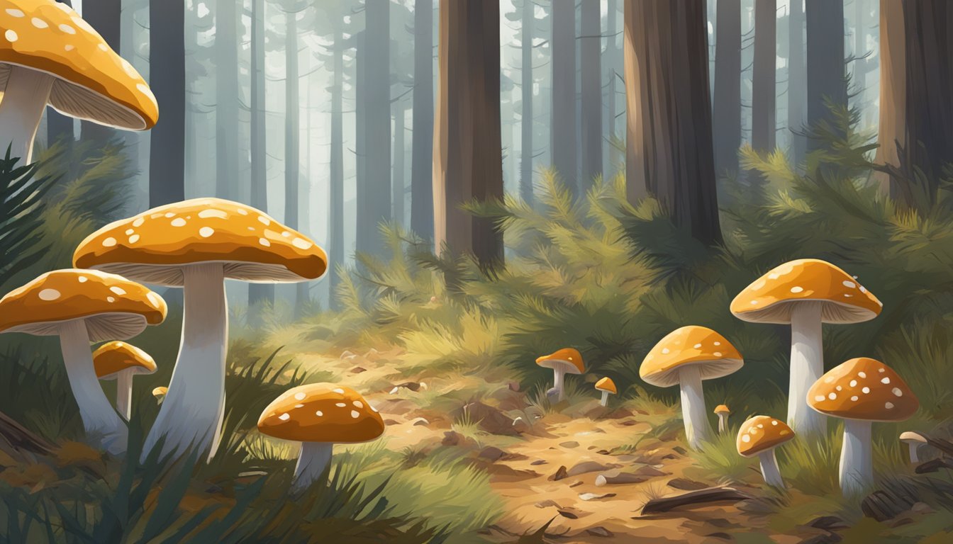 Mushroom hunting in the Sandhills: A dense forest floor with scattered sunlight filtering through tall pine trees, revealing clusters of wild mushrooms growing among fallen leaves and pine needles