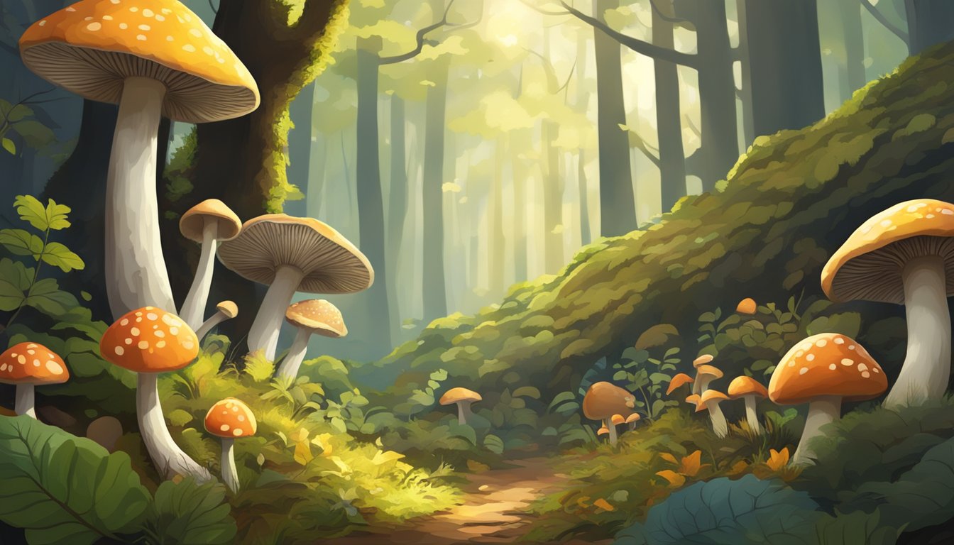 Sunlight filters through dense forest, illuminating a patch of earth covered in fallen leaves and moss. A variety of mushrooms, in various shapes and colors, poke through the underbrush