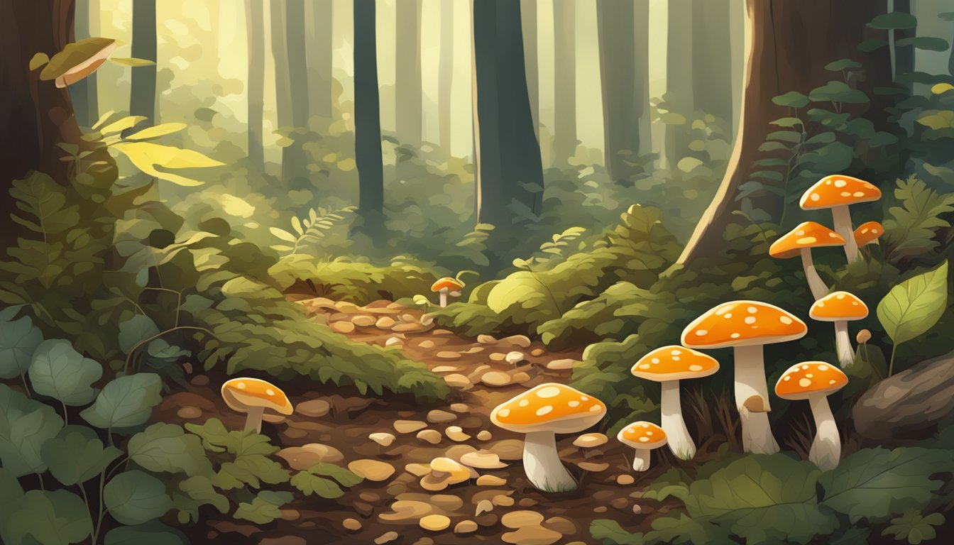 A forest floor with various mushrooms, fallen leaves, and dappled sunlight