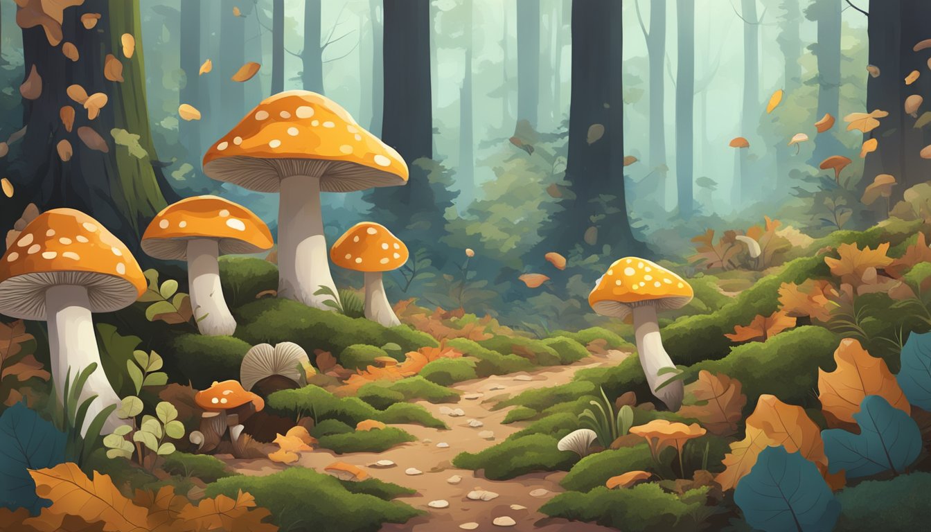 A forest floor scattered with fallen leaves and moss, dotted with various types of mushrooms in different shapes, sizes, and colors