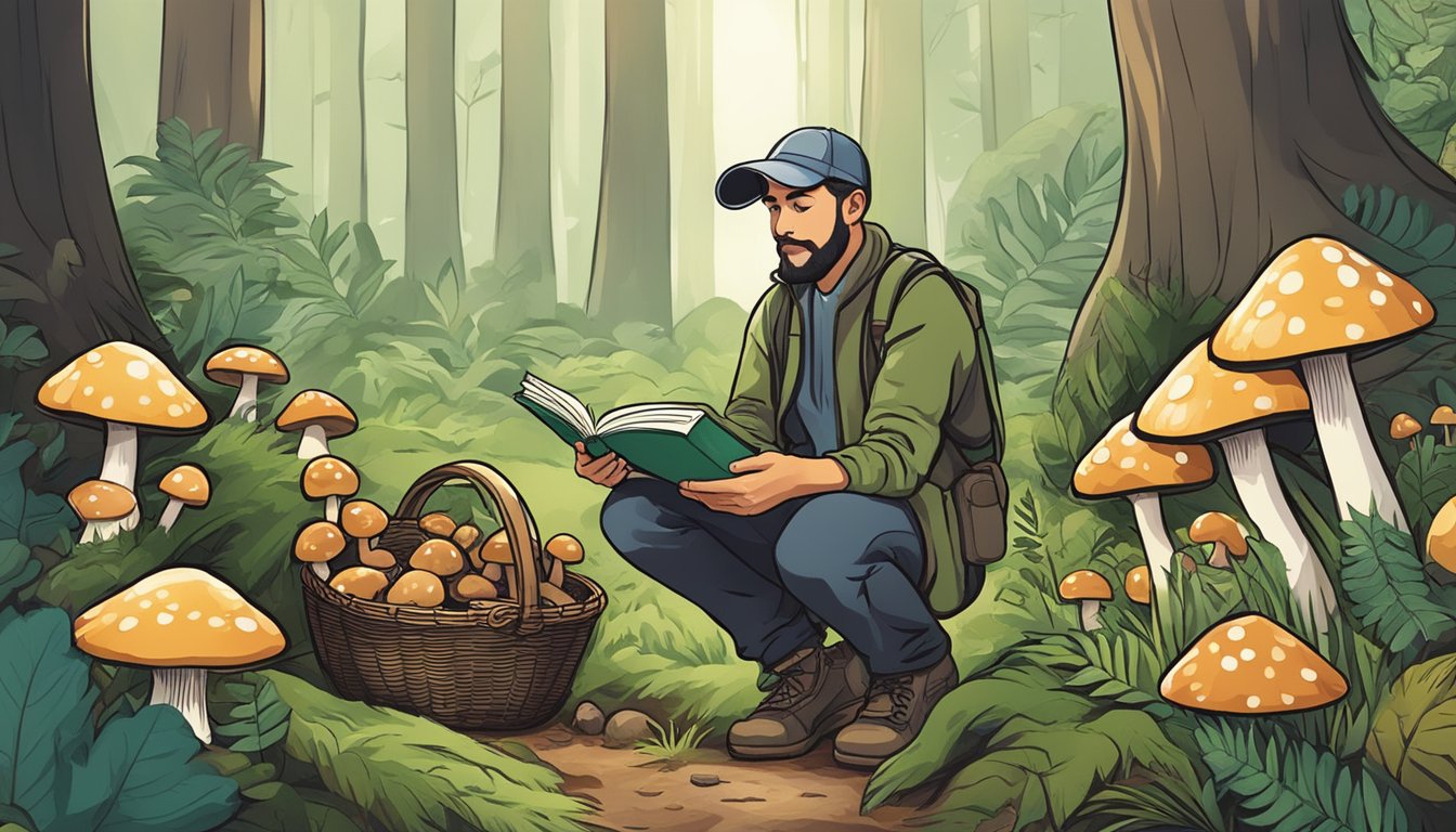 A person kneeling in the forest, examining various mushrooms with a guidebook and a basket for collecting. The surroundings are lush and filled with different types of vegetation