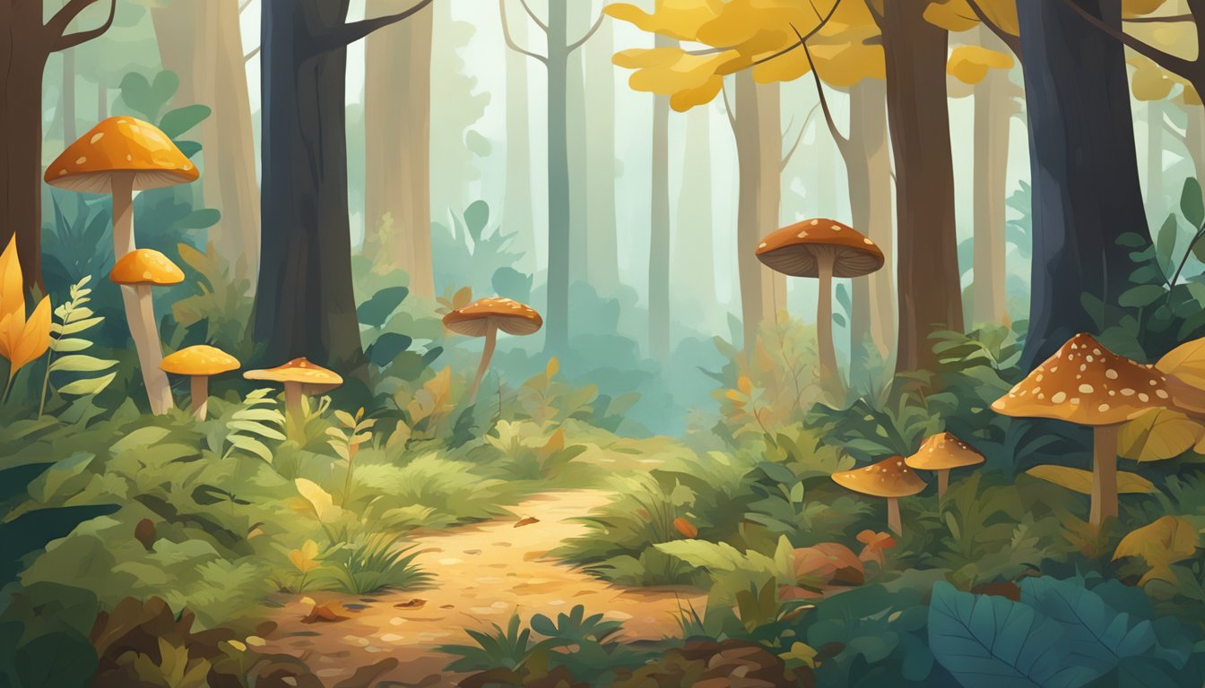 A lush forest floor with fallen leaves, tall trees, and patches of wild mushrooms in various shapes and colors