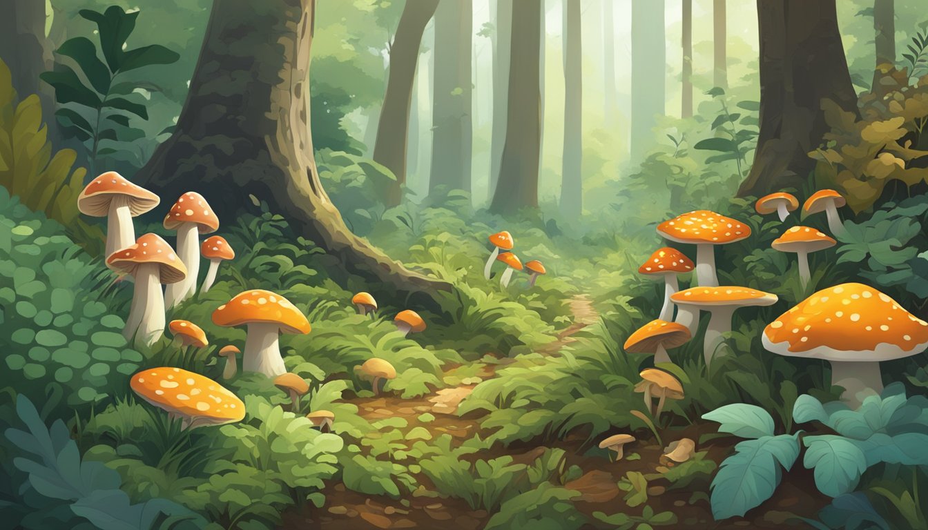 A lush forest floor in the upper south region, scattered with various types of mushrooms of different shapes and colors, as people carefully search for the seasonal bounty