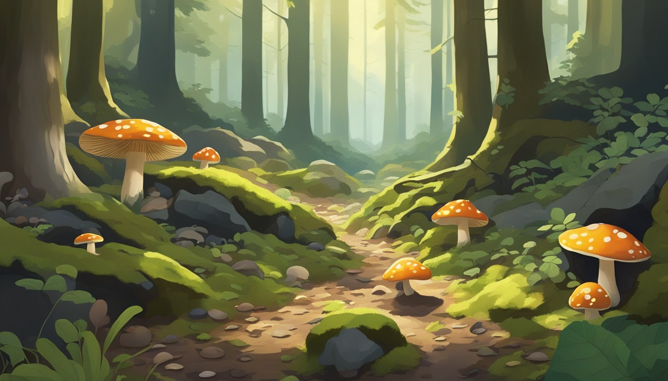 A dense forest floor with fallen leaves and moss-covered rocks, scattered with various types of mushrooms in different shapes and sizes. Sunlight filters through the trees, casting dappled shadows on the ground