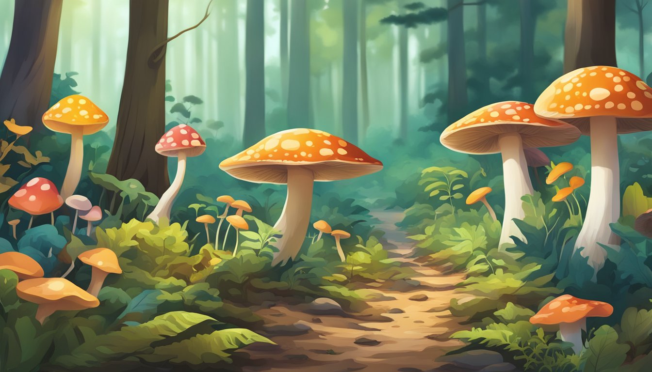 A vibrant forest floor with colorful and unique mushrooms growing in the south central region