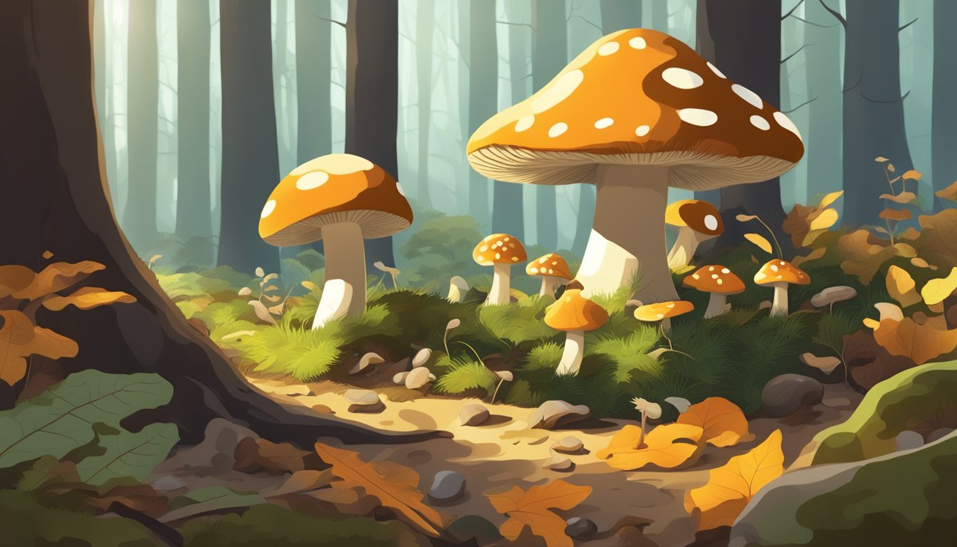 A forest floor with various types of mushrooms growing among fallen leaves and moss. Sunlight filters through the trees, casting dappled shadows