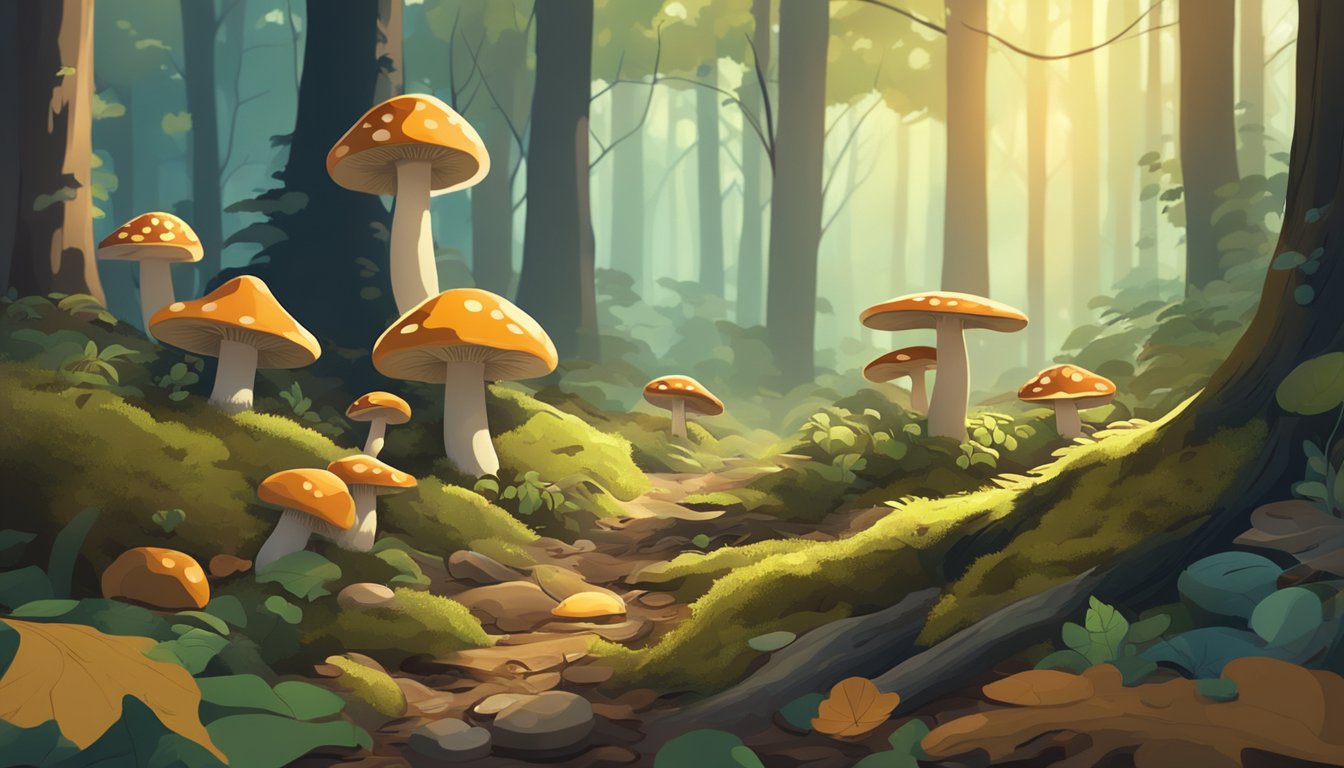 A dense forest floor with various types of mushrooms growing among fallen leaves and moss. Sunlight filters through the trees, casting dappled shadows