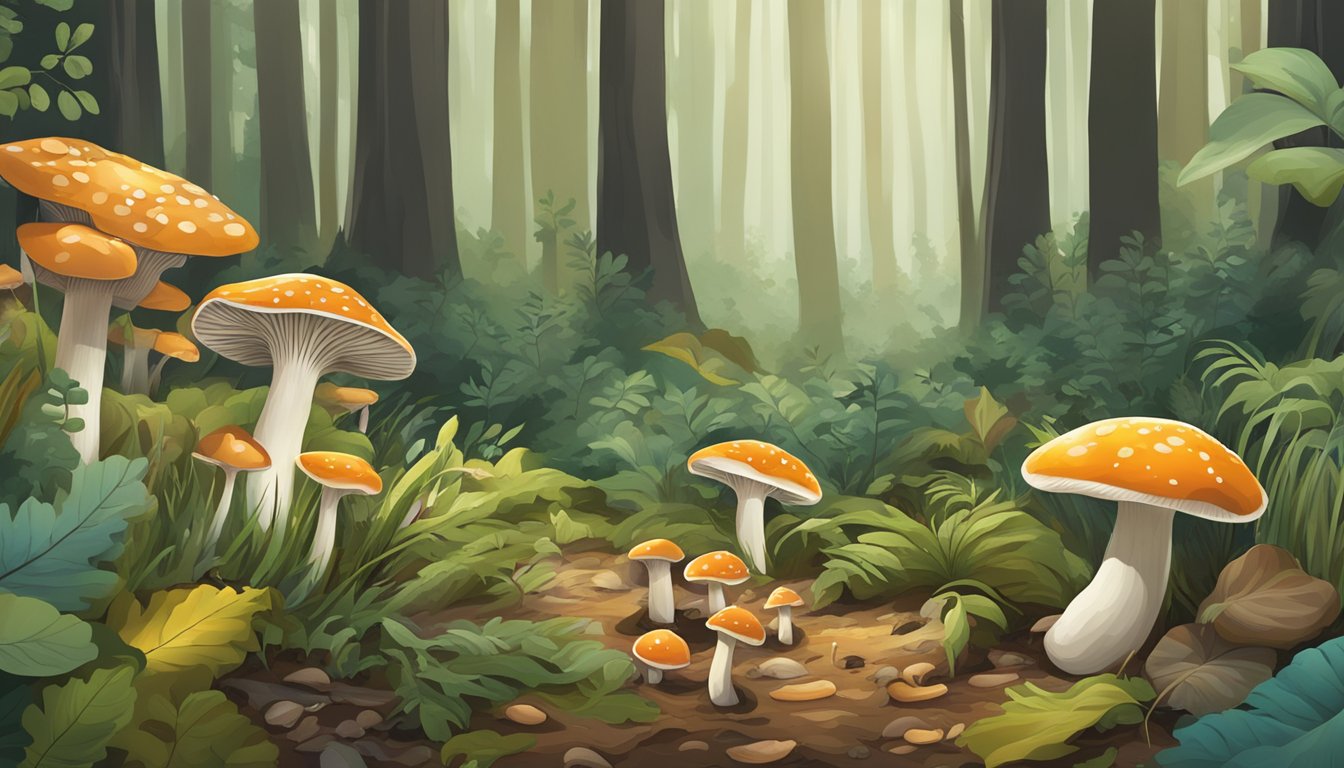 A lush forest floor with diverse mushrooms, fallen leaves, and small wildlife in the south central region