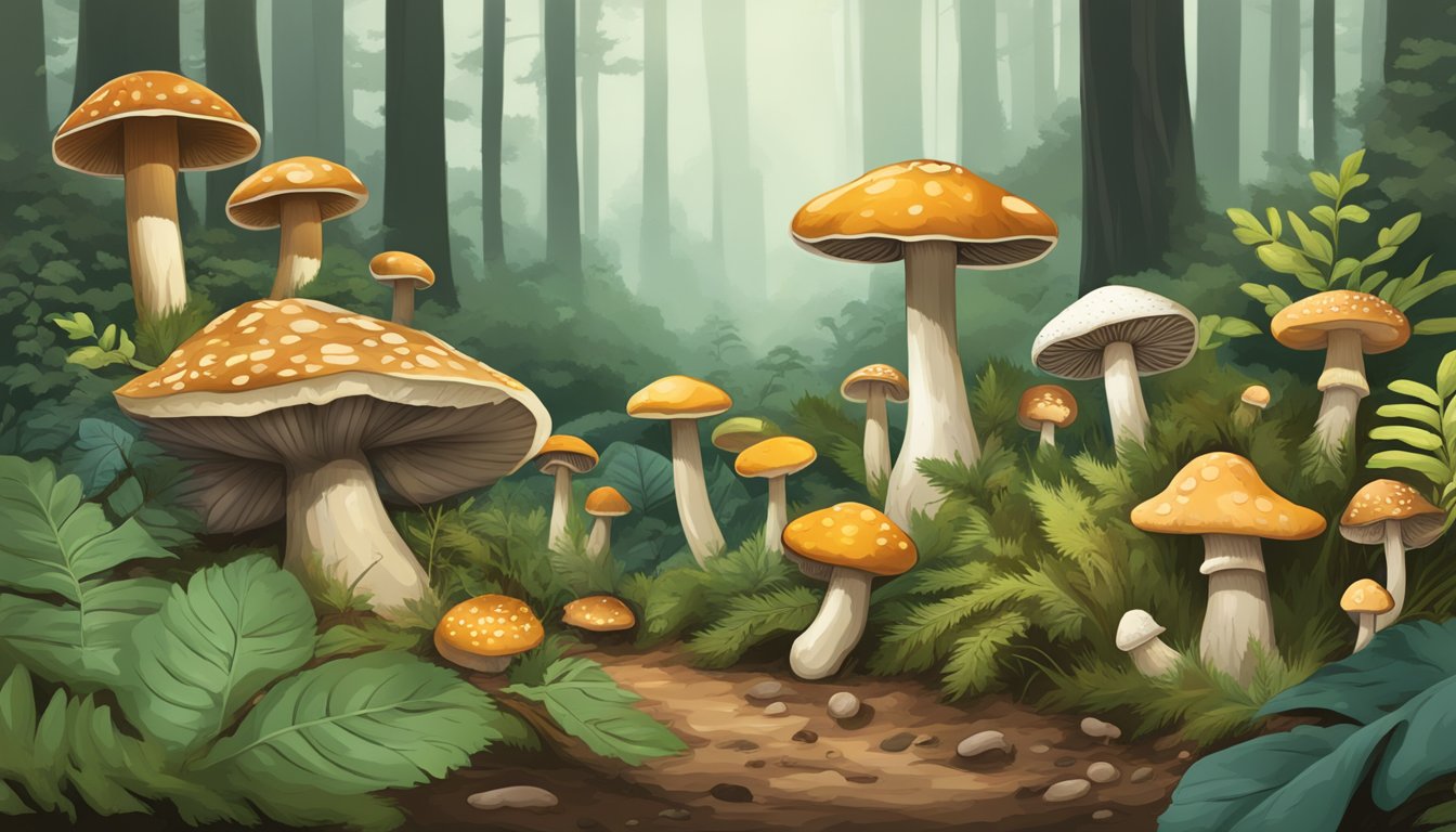 A forest floor with various mushroom species, some identified as non-edible or poisonous, in the southeast region