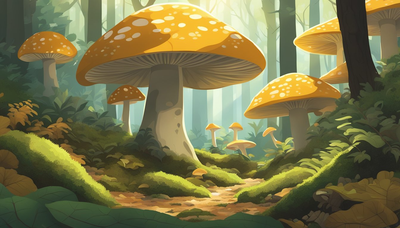 Sunlight filtering through dense forest canopy onto a lush forest floor, where various species of mushrooms grow amidst fallen leaves and moss