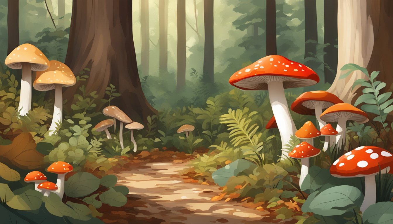 A lush forest floor with dappled sunlight, fallen leaves, and various species of mushrooms in shades of brown, red, and white