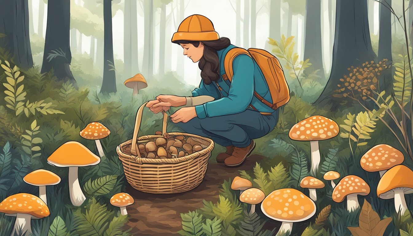 A person in a forest, holding a basket, examining various types of mushrooms growing on the ground