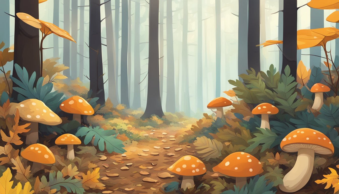 A forest floor scattered with fallen leaves and pine needles, dotted with various types of mushrooms in the southeast region