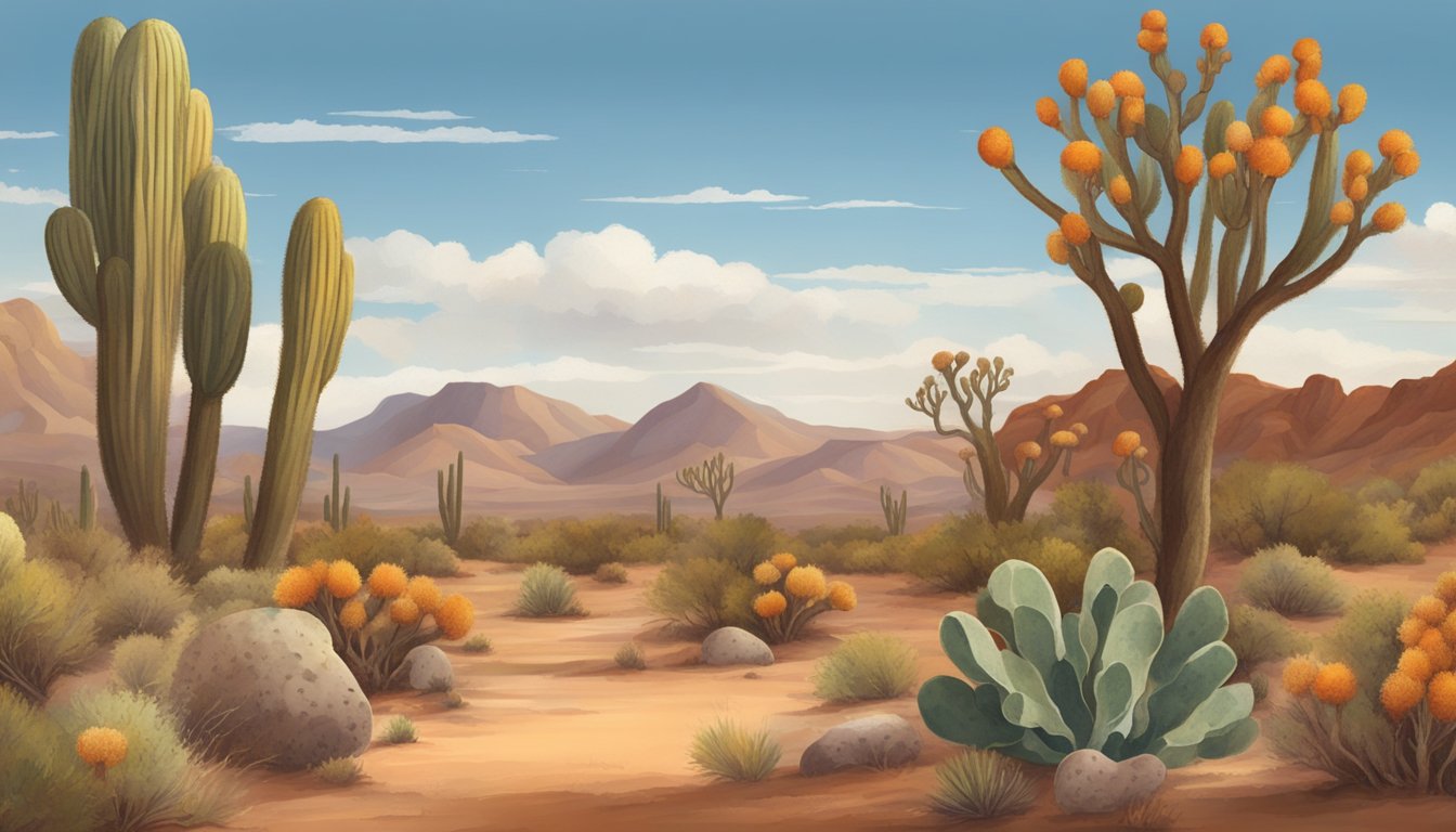 A desert landscape with prickly pear cacti and mesquite trees, scattered with various types of mushrooms in shades of brown, red, and orange