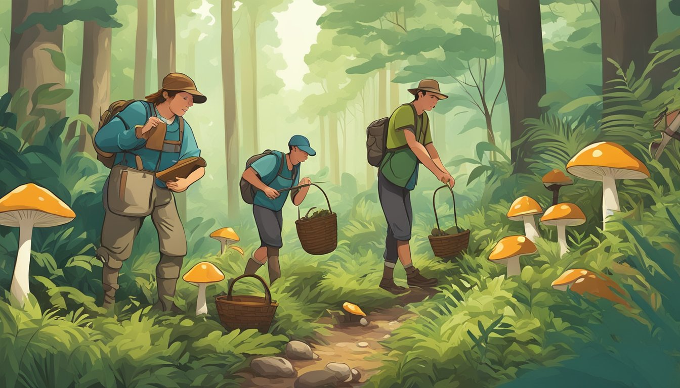 A group of foragers in a lush forest, carefully searching for mushrooms in the southeast region. They carry baskets and use tools to carefully collect their finds