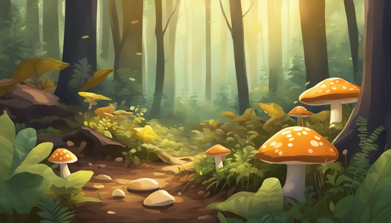 Lush forest floor with fallen leaves, sunlight filtering through the trees. Various types of mushrooms sprouting from the damp earth