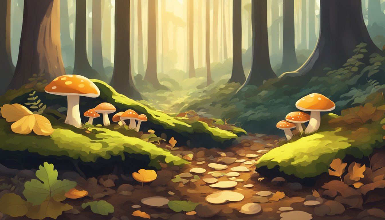 A forest floor with various types of mushrooms growing among fallen leaves and moss. Sunlight filters through the trees, casting dappled shadows on the ground