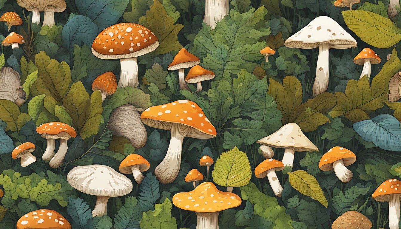 A forest floor with various types of mushrooms in different colors, shapes, and sizes, surrounded by trees and fallen leaves