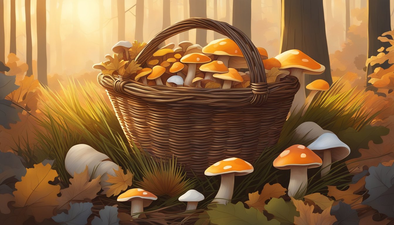 A colorful array of wild mushrooms fills a wicker basket, surrounded by pine needles and fallen leaves. The warm glow of the setting sun bathes the scene in a soft, golden light