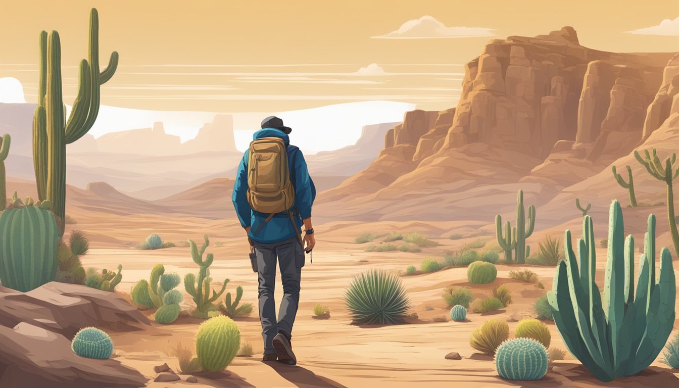 A desert landscape with rocky plateaus, cacti, and mesas. A figure searches for mushrooms among the dry, sandy terrain