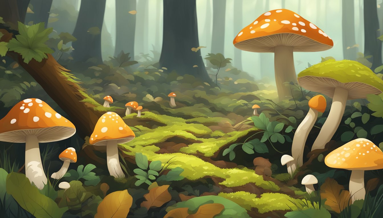 A forest floor with various types of mushrooms growing among fallen leaves and moss