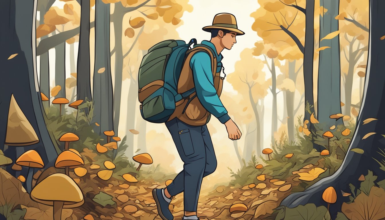 A person in a hat and backpack carefully searches for mushrooms in a dense forest, surrounded by trees and fallen leaves