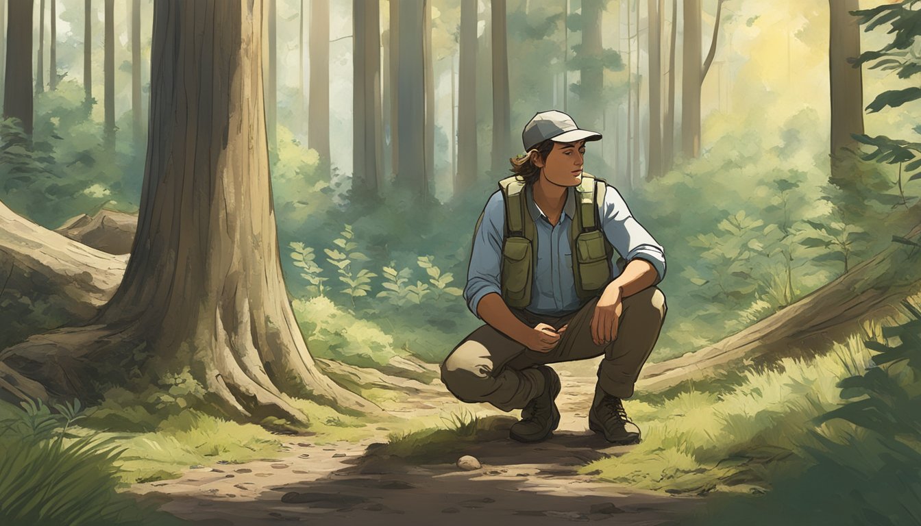 A figure crouches in a sun-dappled forest, surrounded by thick underbrush and towering trees. They carefully examine the ground, searching for mushrooms in the southwest plateau region