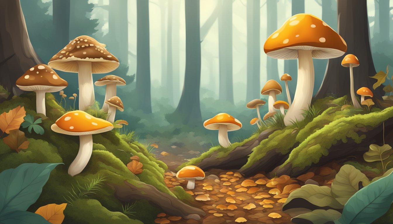 A forest floor with various types of mushrooms growing among fallen leaves and moss