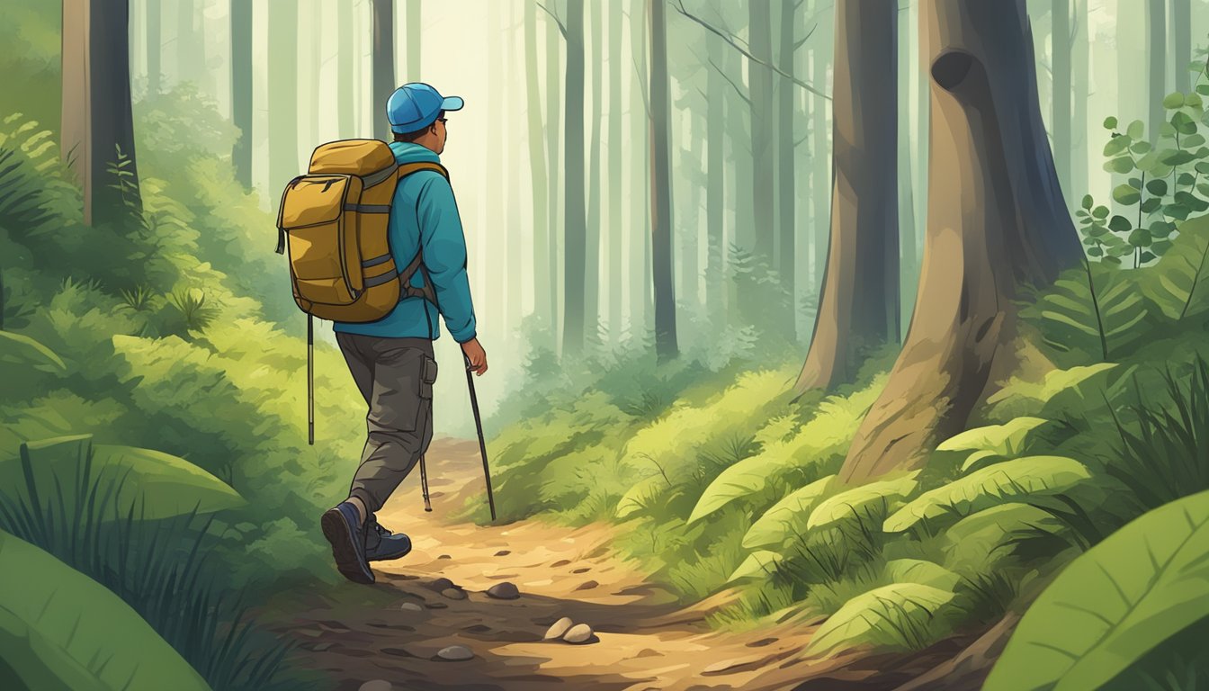 A person in hiking gear carefully navigates through a dense forest, scanning the ground for mushrooms while avoiding potential hazards like uneven terrain and poisonous plants