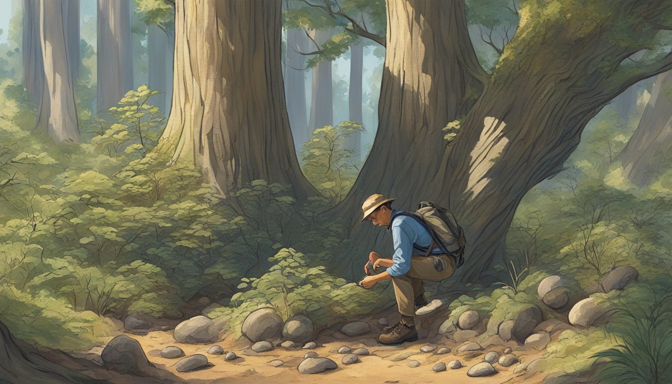 A figure crouches in a sun-dappled forest, carefully examining mushrooms growing at the base of a gnarled tree in the southwest plateau region