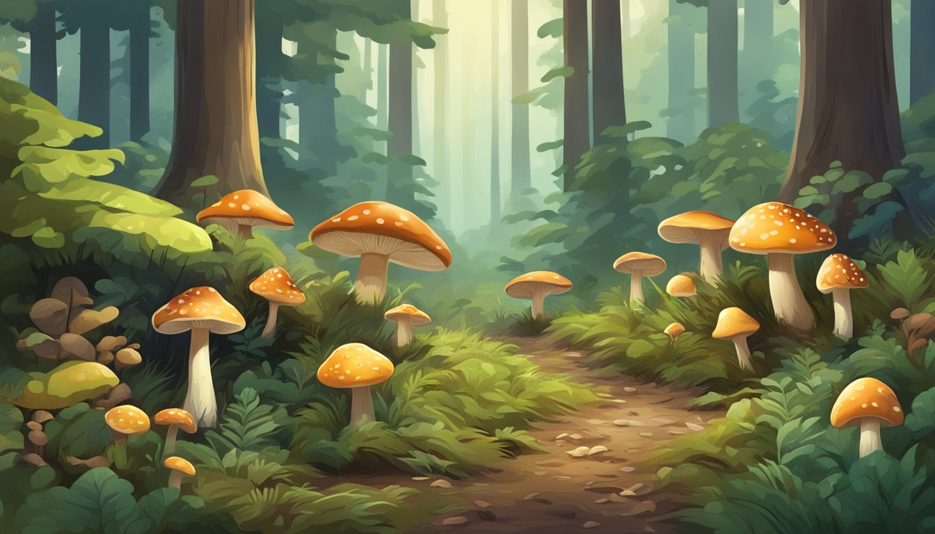 A forest clearing with a variety of mushrooms growing on the forest floor, surrounded by trees and foliage