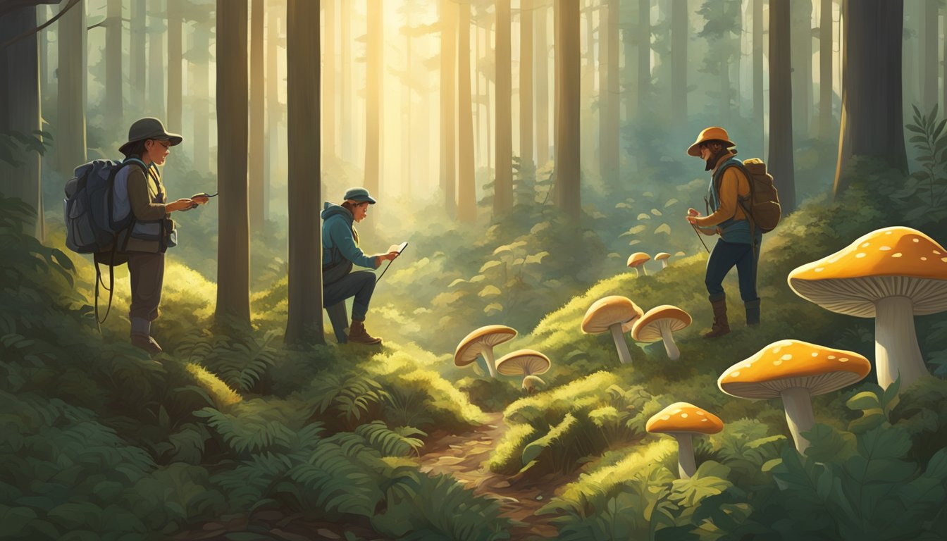 A group of mushroom hunters gather in a dense forest, carefully scanning the ground for various fungi. The warm sunlight filters through the trees, creating a serene and focused atmosphere