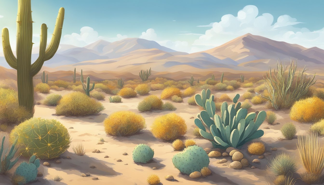 Sun-drenched desert landscape with scattered sagebrush and prickly pear cacti. Various types of mushrooms dot the sandy soil, ranging in size and color