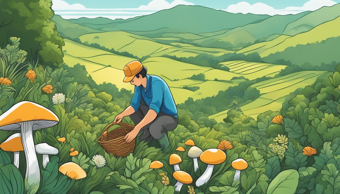 A person harvesting mushrooms in a lush, hilly plateau region, surrounded by diverse flora and fauna