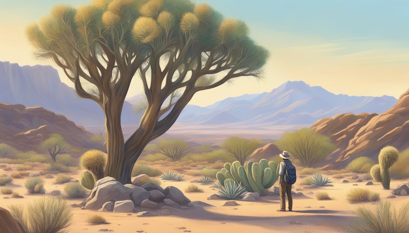 A desert landscape with rocky terrain, cacti, and sparse shrubs. A lone figure stoops to inspect a cluster of mushrooms growing under a mesquite tree