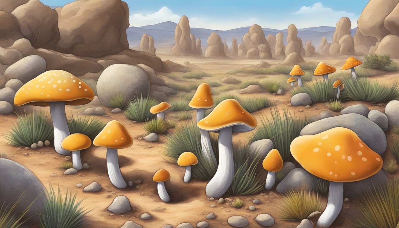 A variety of mushrooms grow amidst the dry, rocky terrain of the Trans-Pecos region, their unique shapes and colors adding interest to the landscape