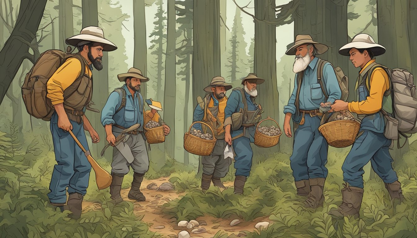 A group of mushroom hunters in the Trans-Pecos region equipped with baskets, knives, and field guides, carefully searching the forest floor for their prized fungi