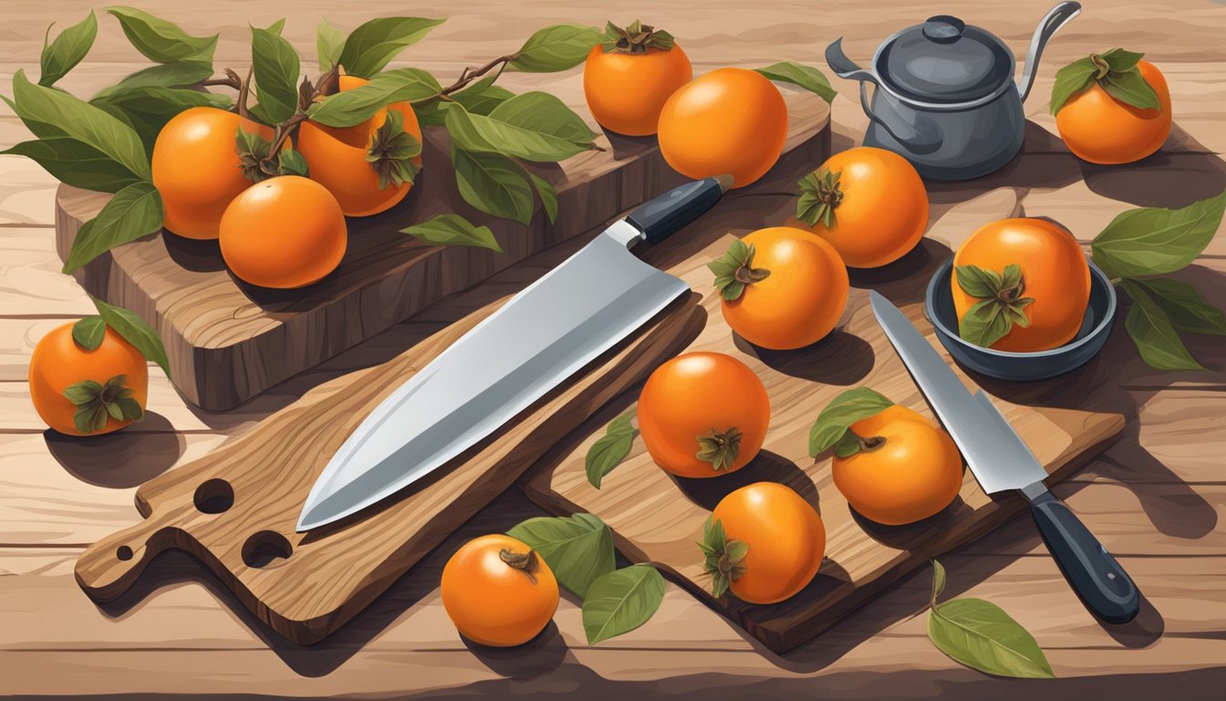 A rustic wooden table with freshly foraged Texas persimmons, a cutting board, and various culinary utensils