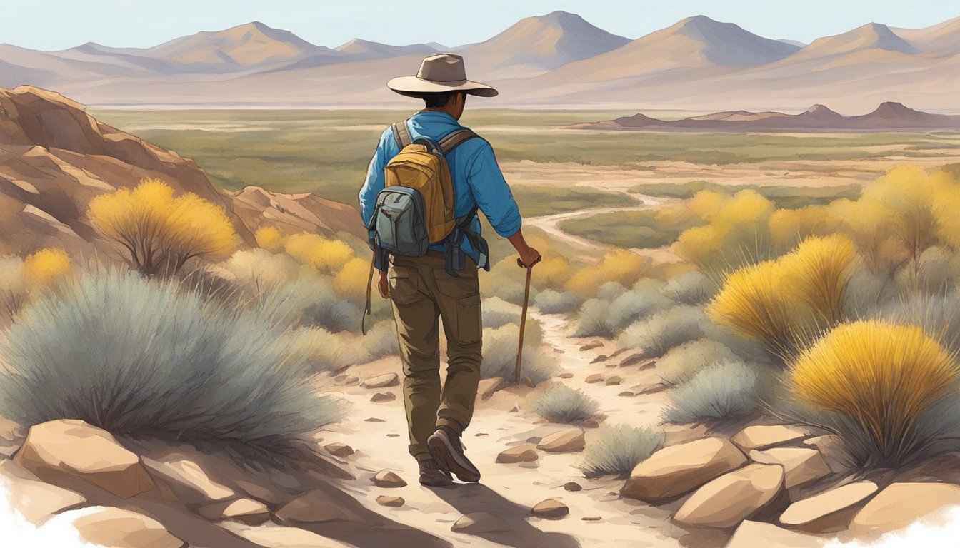 A figure wanders through the arid landscape of the trans pecos region, carefully scanning the ground for wild mushrooms. The rugged terrain and sparse vegetation create a sense of isolation and adventure