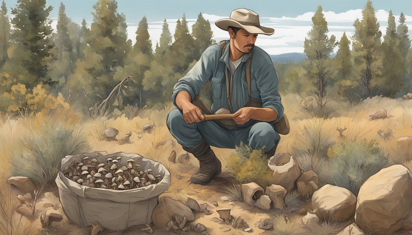 A figure in the Trans Pecos region carefully harvests wild mushrooms, leaving behind untouched specimens and ensuring sustainable hunting practices