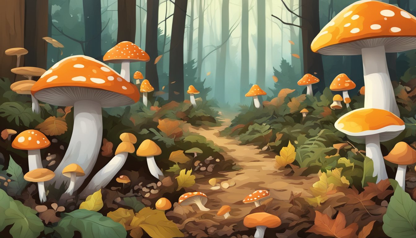 A dense forest floor with a variety of mushrooms in different shapes, sizes, and colors scattered among the fallen leaves and twigs