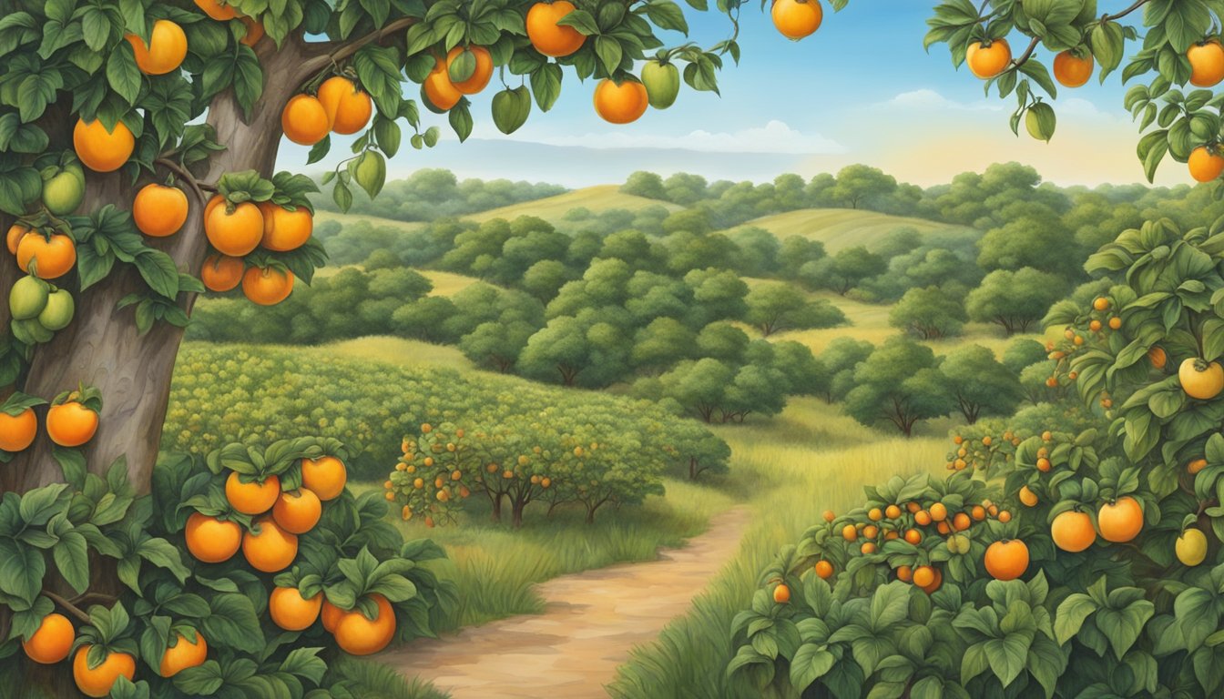 A lush Texas landscape with a diverse array of plant life, including ripe persimmons hanging from the branches of trees