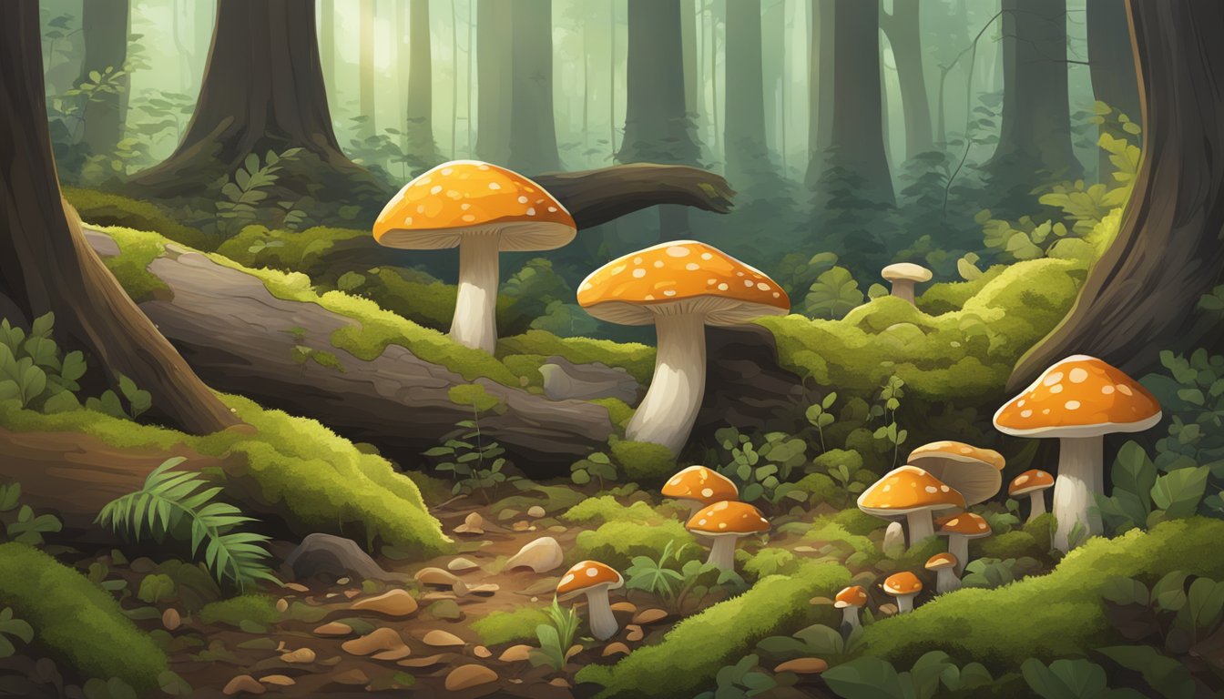 A dense forest floor with fallen leaves, moss-covered logs, and various types of mushrooms sprouting from the earth