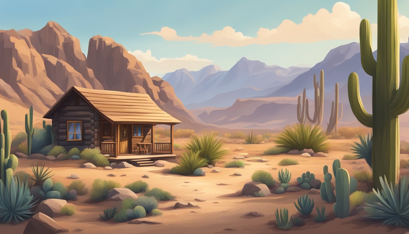 A cozy cabin nestled in a desert oasis, surrounded by rugged mountains and cacti. A wooden sign points towards a trail for mushroom hunting